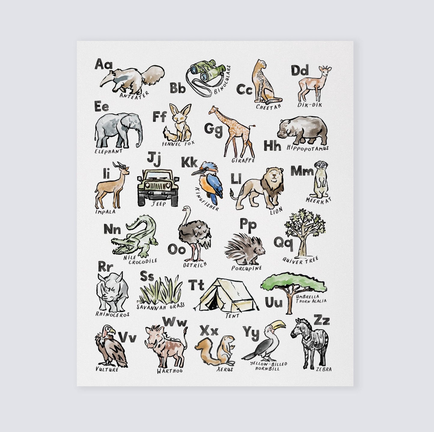 Safari ABC Watercolor Art Print - Art Prints - Moon Rock Prints