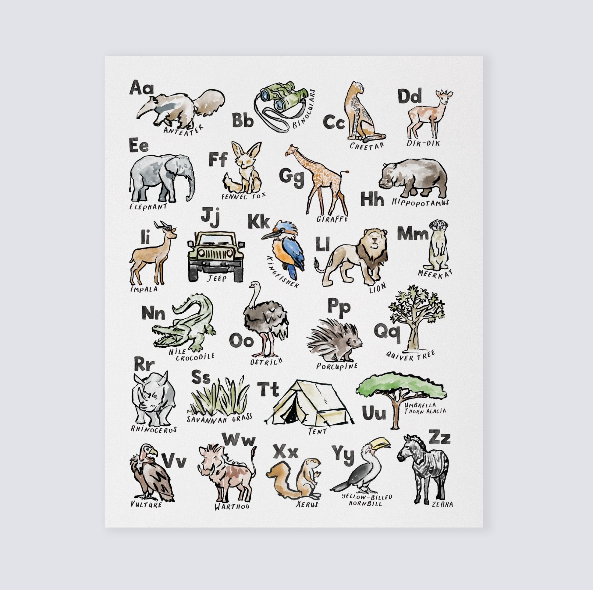 Safari ABC Watercolor Art Print - Art Prints - Moon Rock Prints