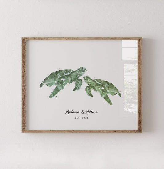Sea Turtle Couple Personalized Watercolor Art Print - Art Prints - Moon Rock Prints
