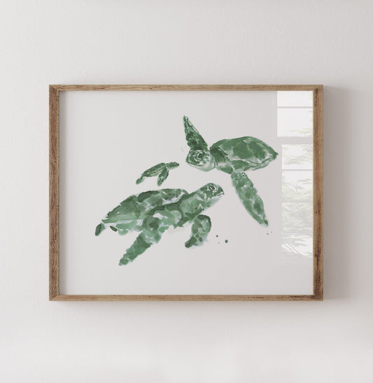 Sea Turtle Family of 3 Ocean Animal Watercolor Art Print - Art Prints - Moon Rock Prints