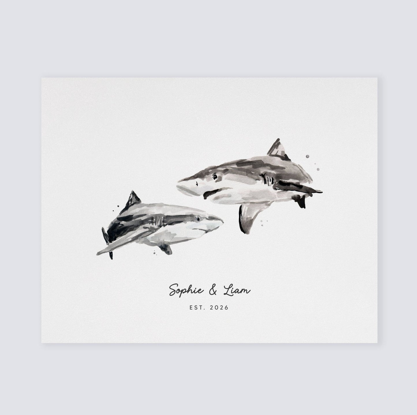 Shark Couple Personalized Watercolor Art Print - Art Prints - Moon Rock Prints