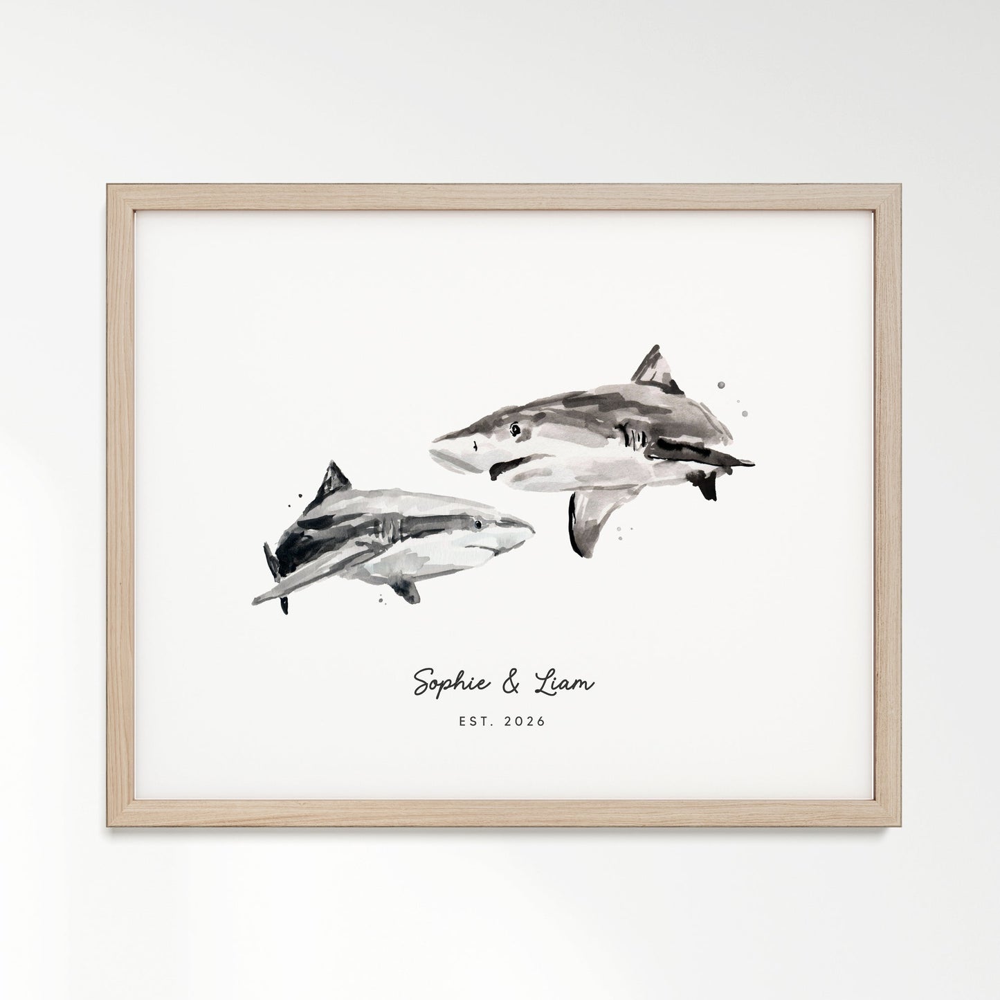 Shark Couple Personalized Watercolor Art Print - Art Prints - Moon Rock Prints