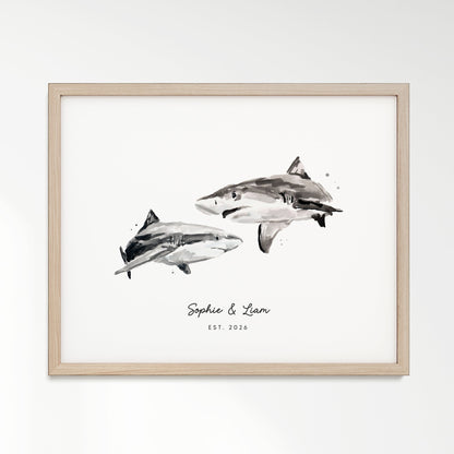 Shark Couple Personalized Watercolor Art Print - Art Prints - Moon Rock Prints