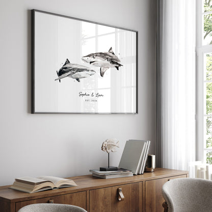 Shark Couple Personalized Watercolor Art Print - Art Prints - Moon Rock Prints