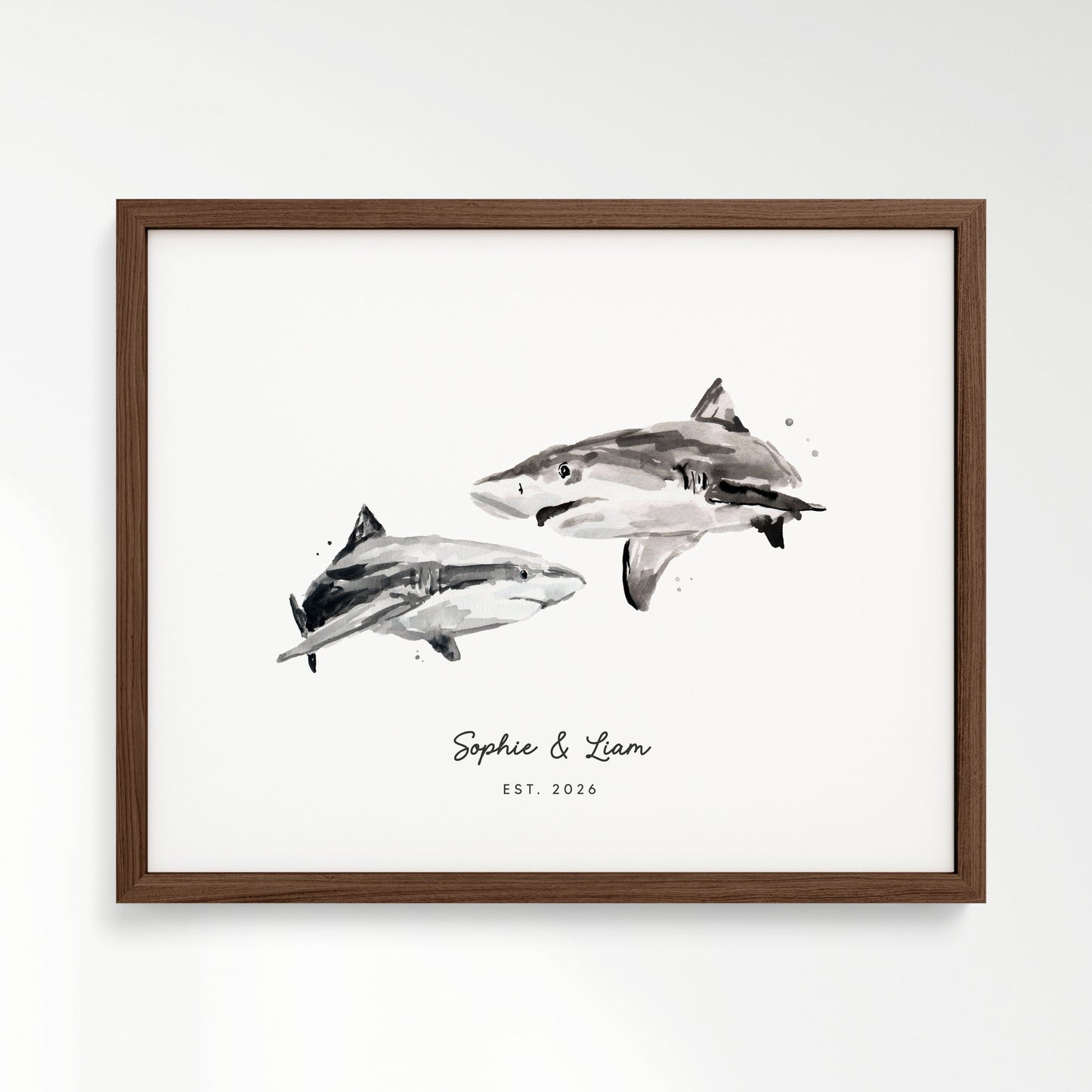 Shark Couple Personalized Watercolor Art Print - Art Prints - Moon Rock Prints