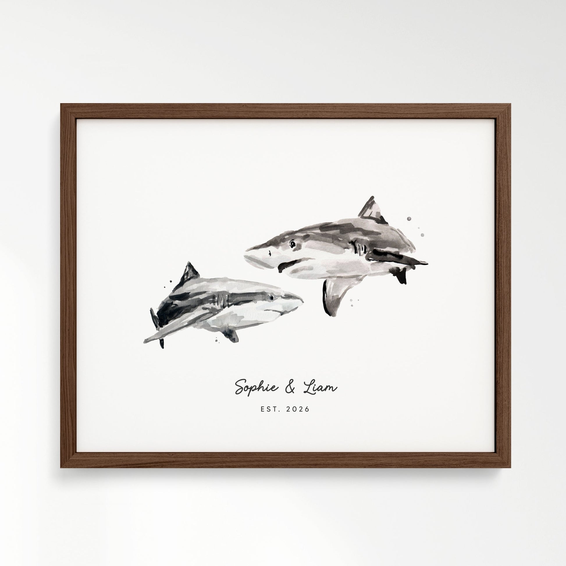 Shark Couple Personalized Watercolor Art Print - Art Prints - Moon Rock Prints