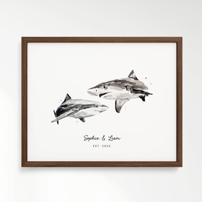Shark Couple Personalized Watercolor Art Print - Art Prints - Moon Rock Prints