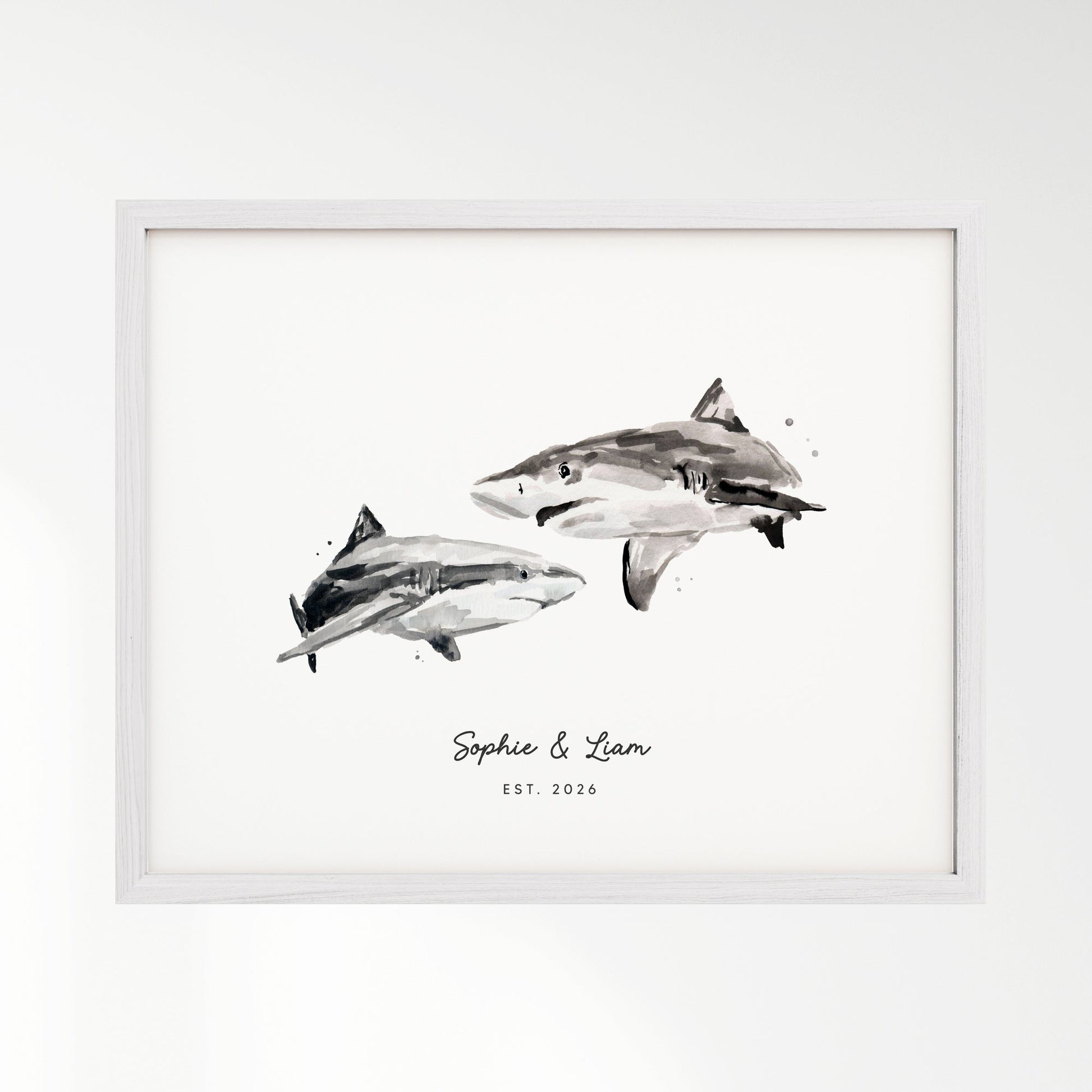 Shark Couple Personalized Watercolor Art Print - Art Prints - Moon Rock Prints