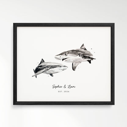 Shark Couple Personalized Watercolor Art Print - Art Prints - Moon Rock Prints