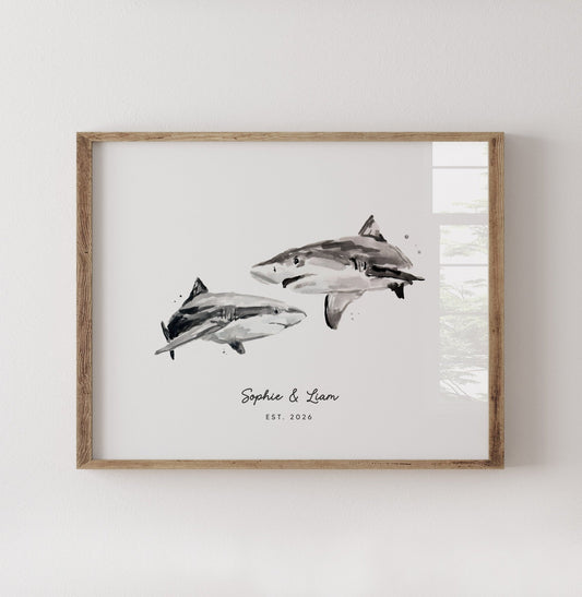Shark Couple Personalized Watercolor Art Print - Art Prints - Moon Rock Prints