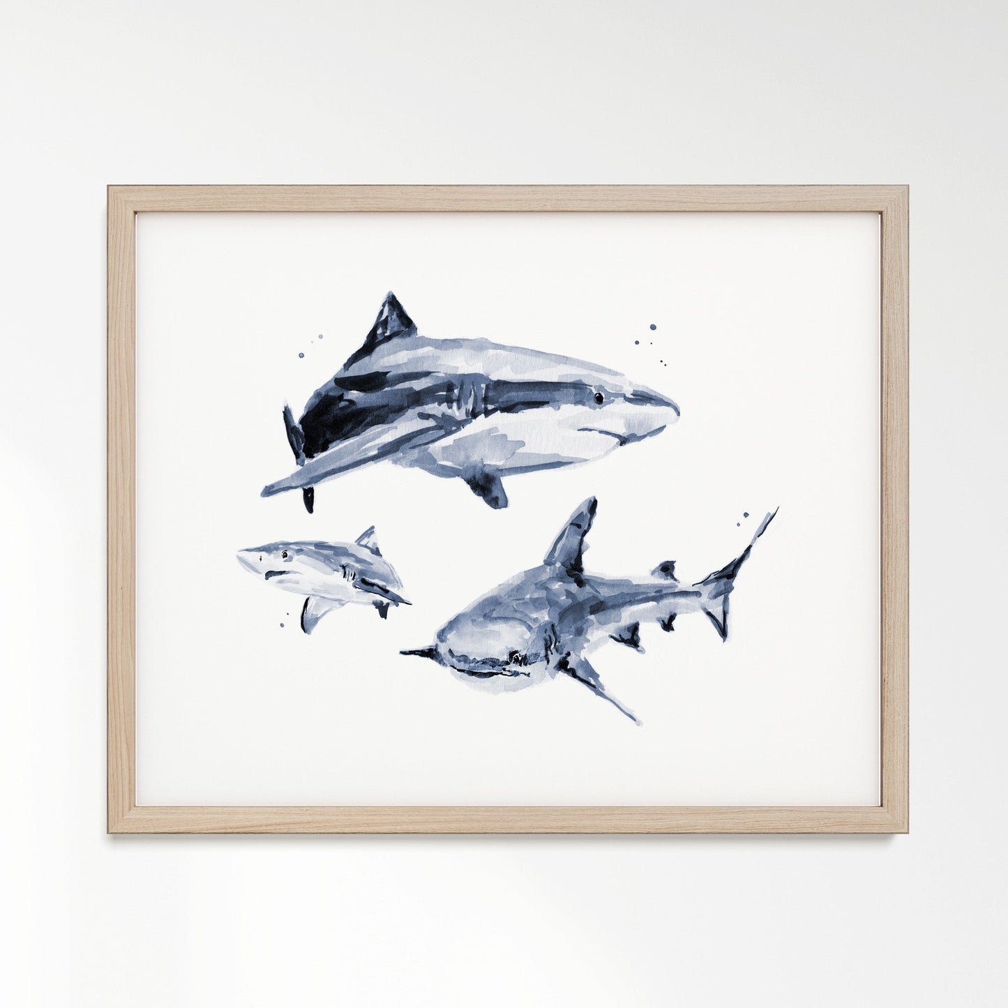 Shark Family of 3 Ocean Animal Watercolor Art Print - Art Prints - Moon Rock Prints