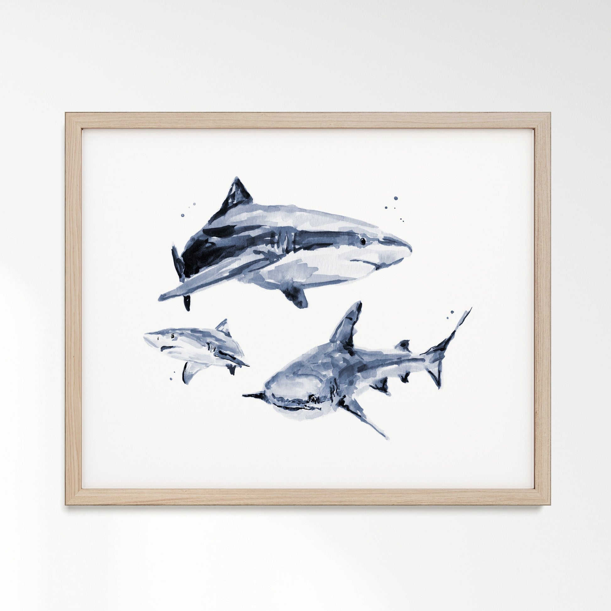 Shark Family of 3 Ocean Animal Watercolor Art Print - Art Prints - Moon Rock Prints