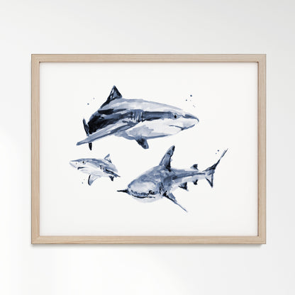 Shark Family of 3 Ocean Animal Watercolor Art Print - Art Prints - Moon Rock Prints