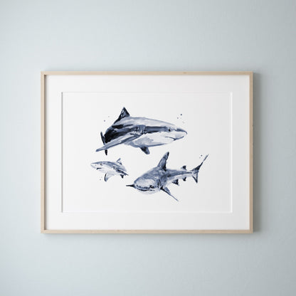 Shark Family of 3 Ocean Animal Watercolor Art Print - Art Prints - Moon Rock Prints
