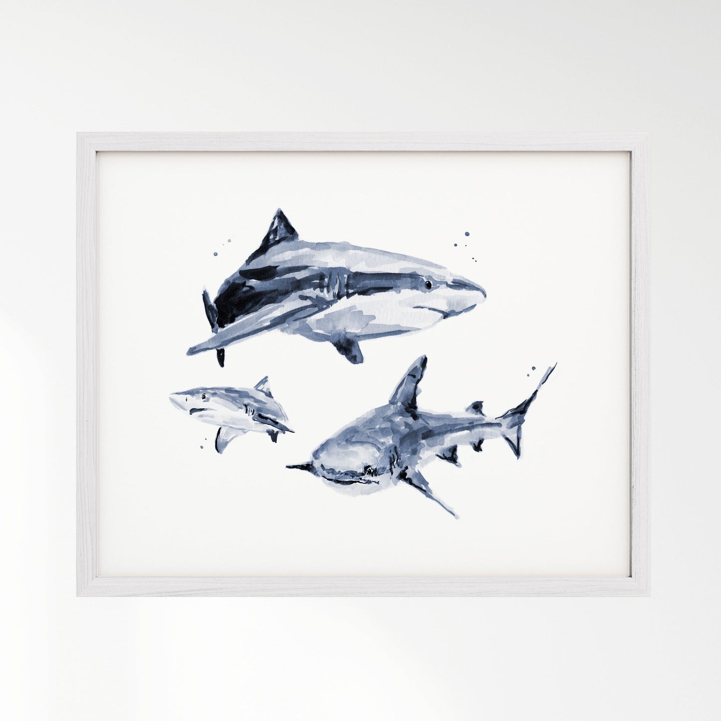 Shark Family of 3 Ocean Animal Watercolor Art Print - Art Prints - Moon Rock Prints