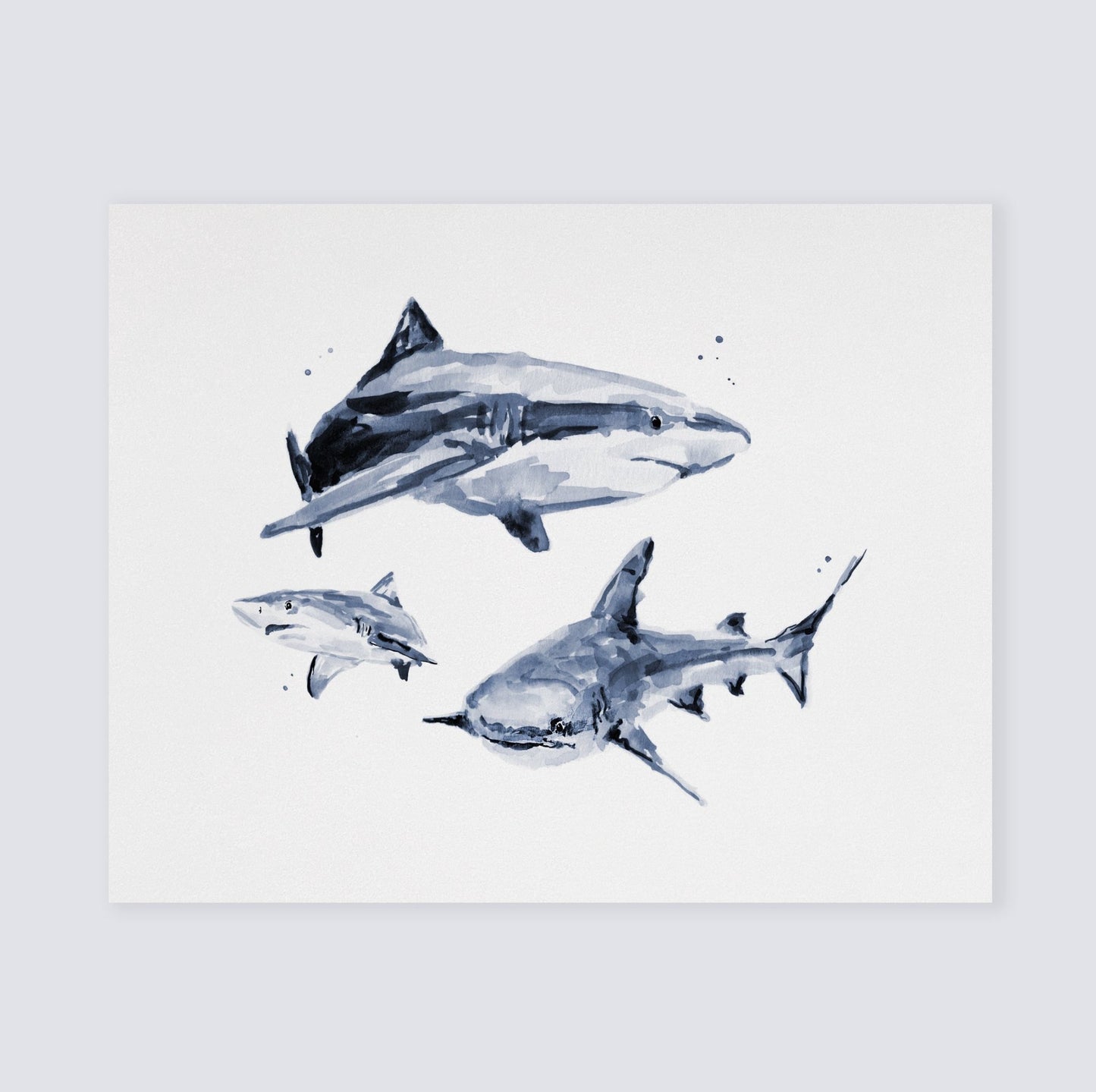 Shark Family of 3 Ocean Animal Watercolor Art Print - Art Prints - Moon Rock Prints