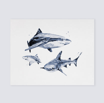 Shark Family of 3 Ocean Animal Watercolor Art Print - Art Prints - Moon Rock Prints