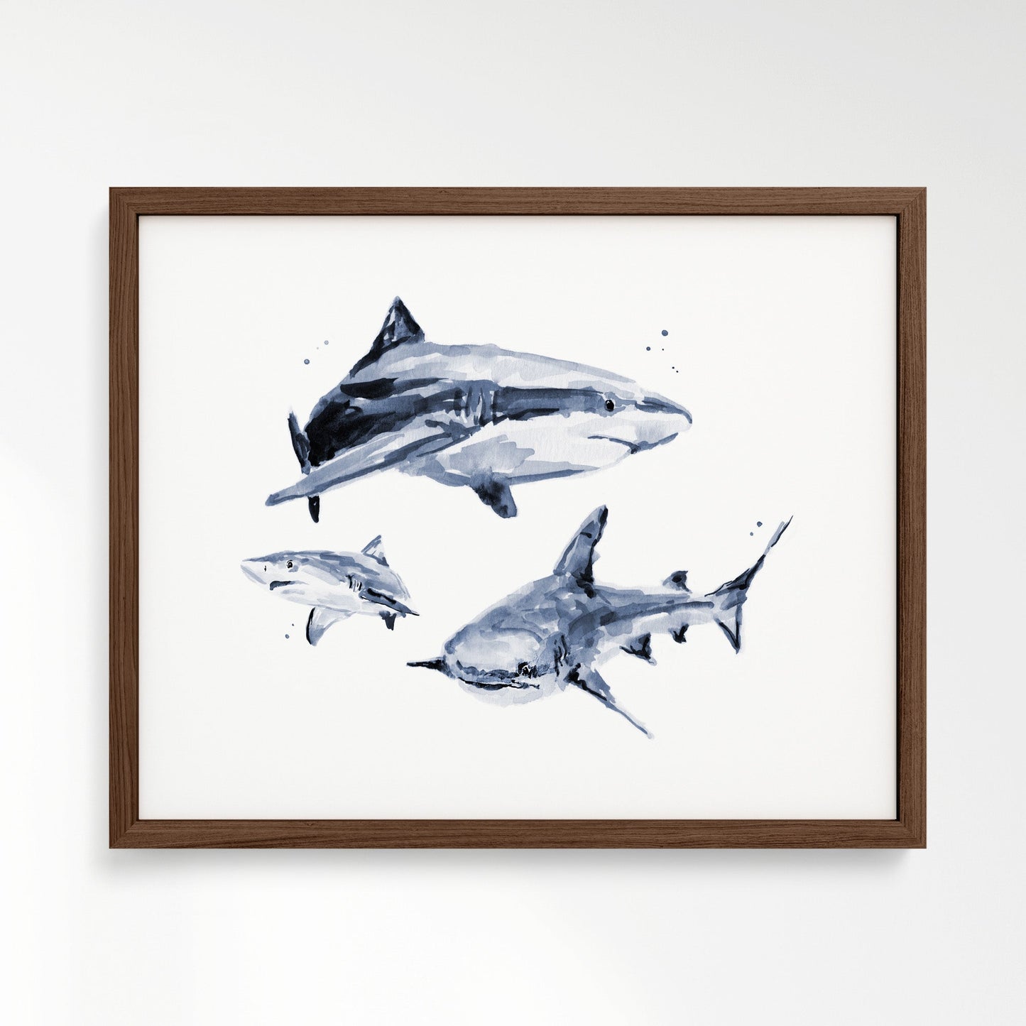 Shark Family of 3 Ocean Animal Watercolor Art Print - Art Prints - Moon Rock Prints