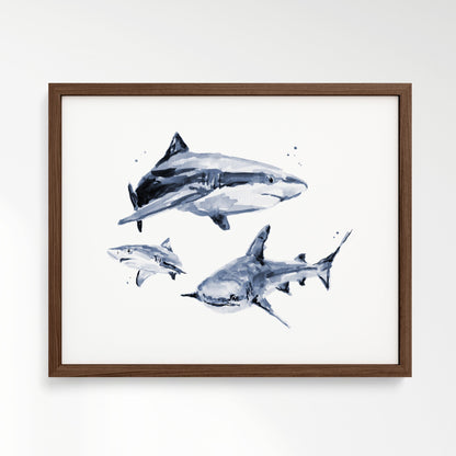 Shark Family of 3 Ocean Animal Watercolor Art Print - Art Prints - Moon Rock Prints