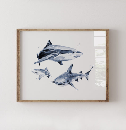 Shark Family of 3 Ocean Animal Watercolor Art Print - Art Prints - Moon Rock Prints