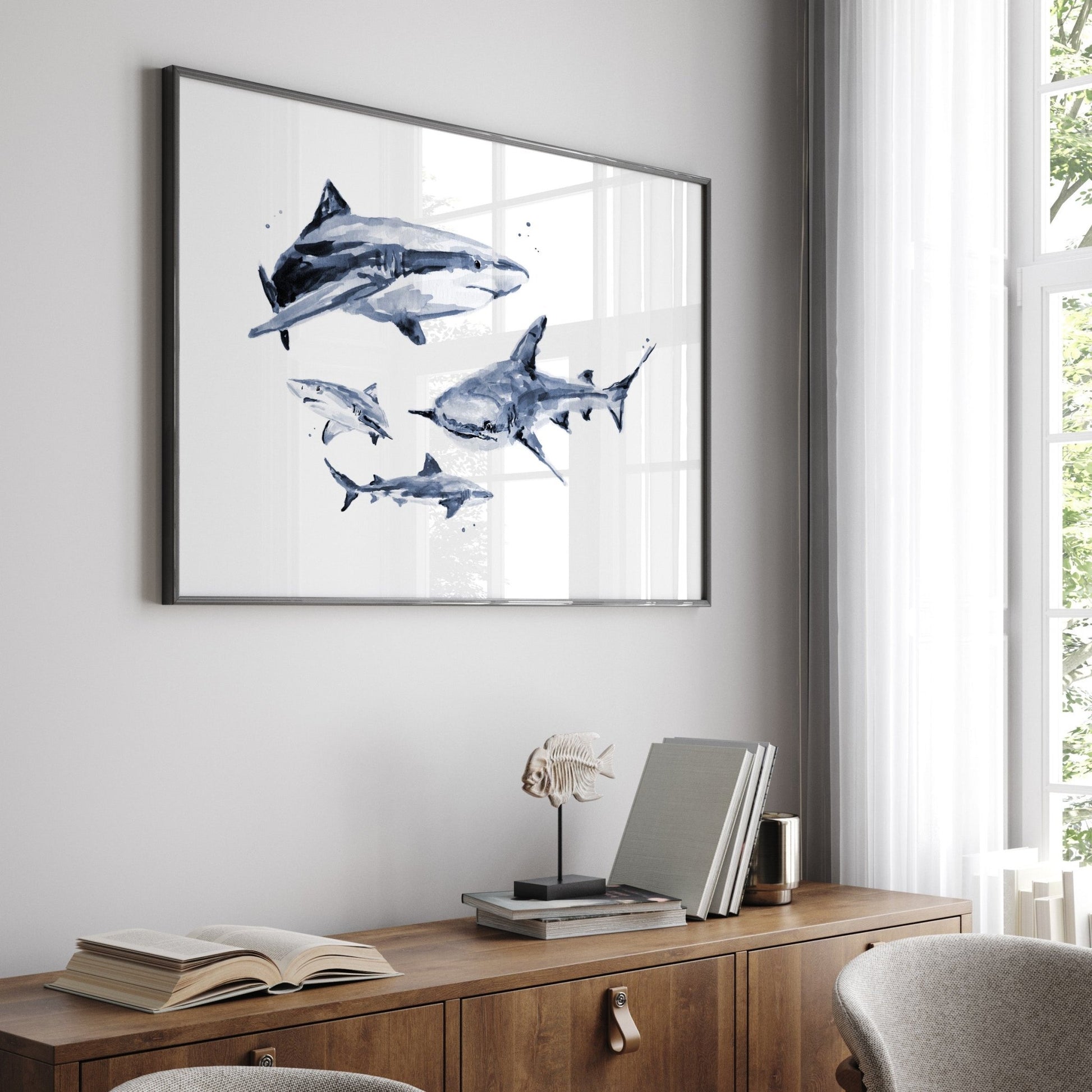 Shark Family of 4 Ocean Animal Watercolor Art Print - Art Prints - Moon Rock Prints