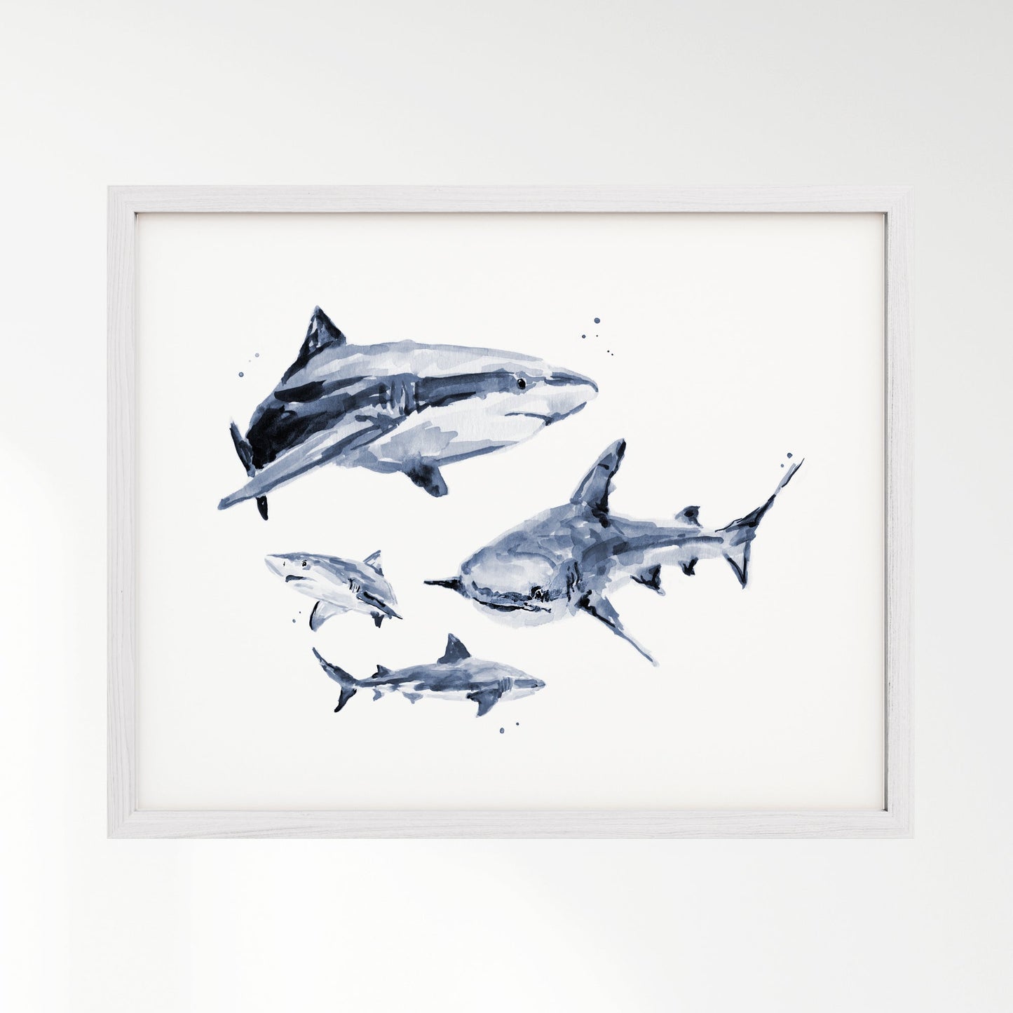 Shark Family of 4 Ocean Animal Watercolor Art Print - Art Prints - Moon Rock Prints