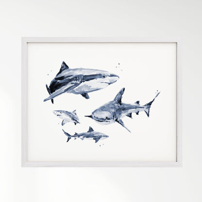 Shark Family of 4 Ocean Animal Watercolor Art Print - Art Prints - Moon Rock Prints