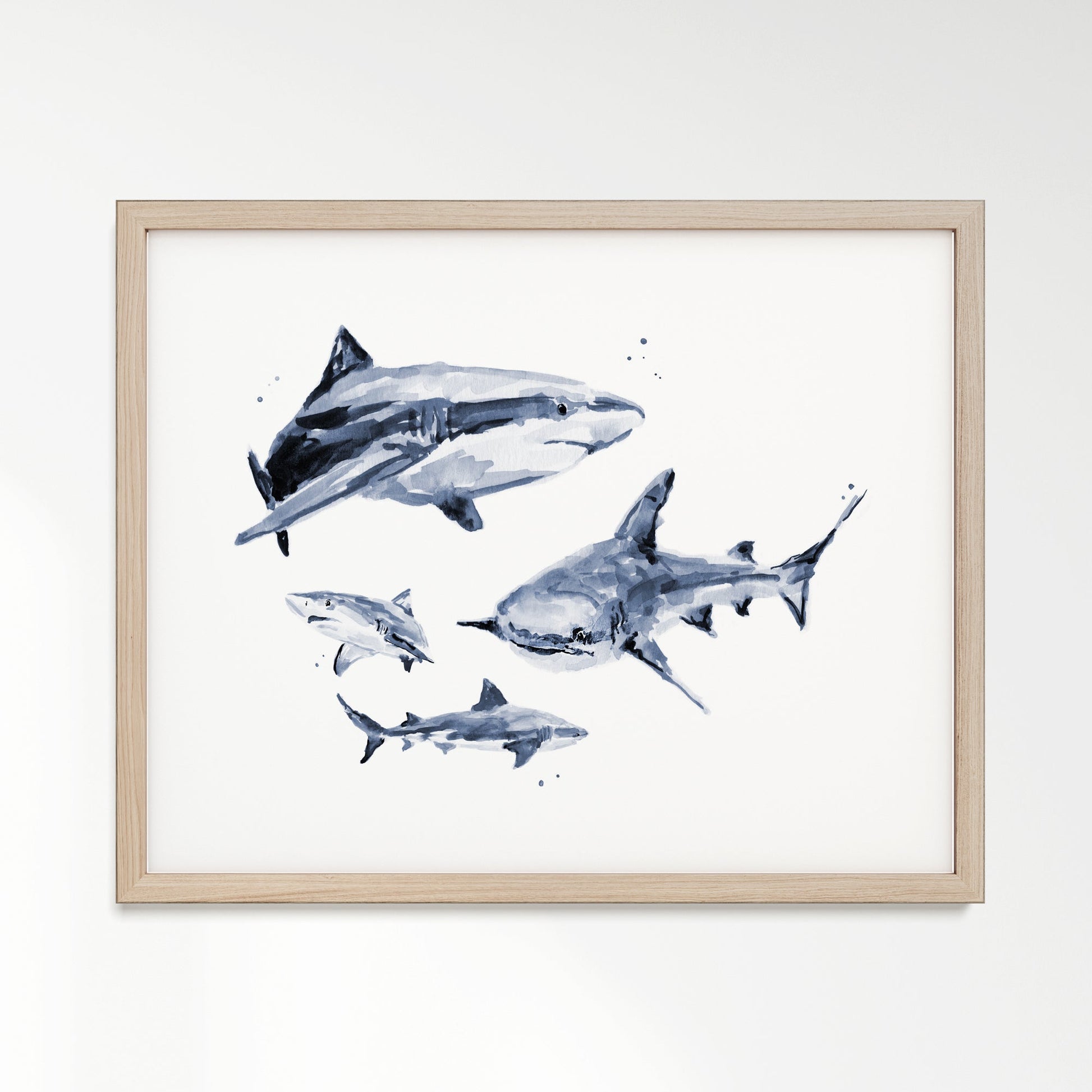 Shark Family of 4 Ocean Animal Watercolor Art Print - Art Prints - Moon Rock Prints