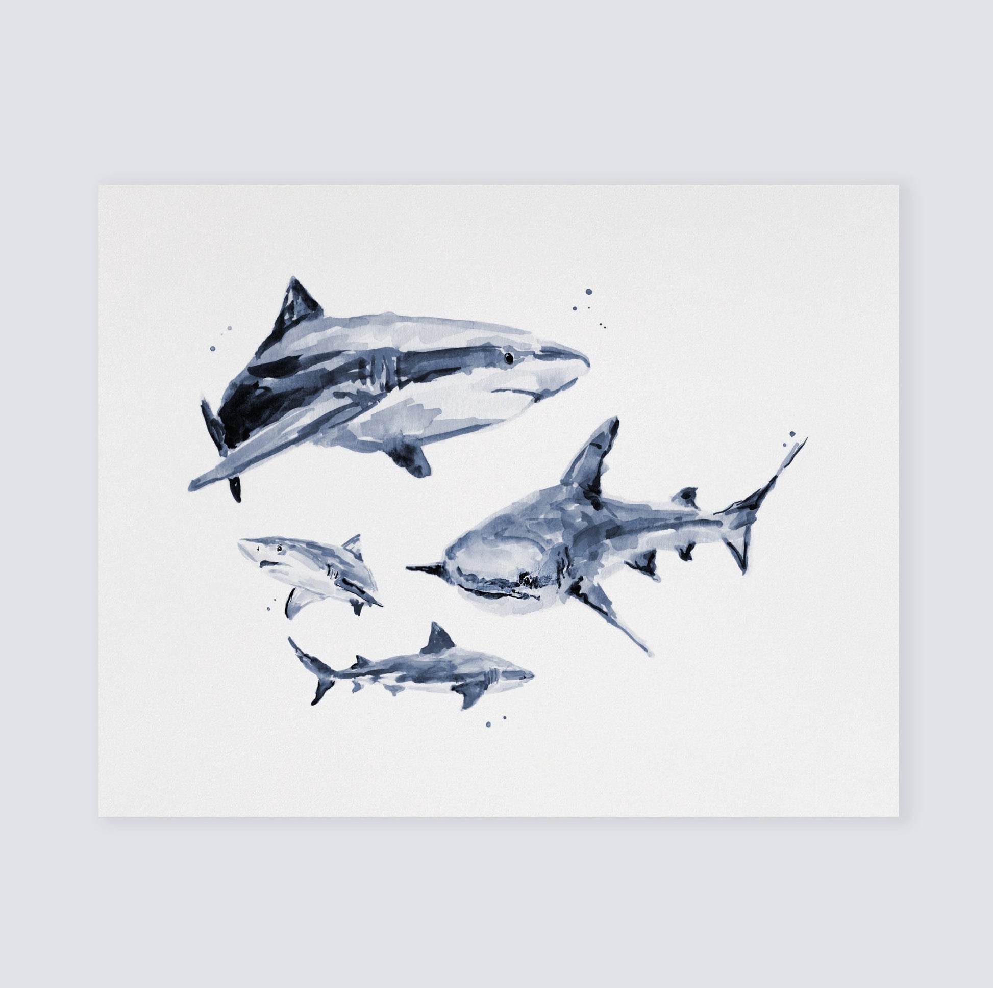 Shark Family of 4 Ocean Animal Watercolor Art Print - Art Prints - Moon Rock Prints