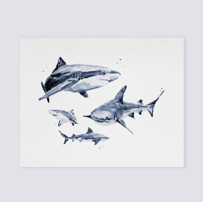 Shark Family of 4 Ocean Animal Watercolor Art Print - Art Prints - Moon Rock Prints