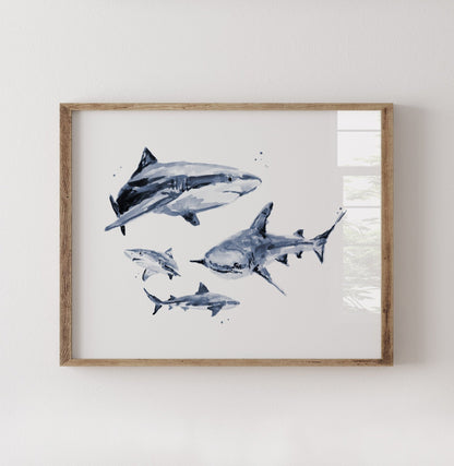 Shark Family of 4 Ocean Animal Watercolor Art Print - Art Prints - Moon Rock Prints