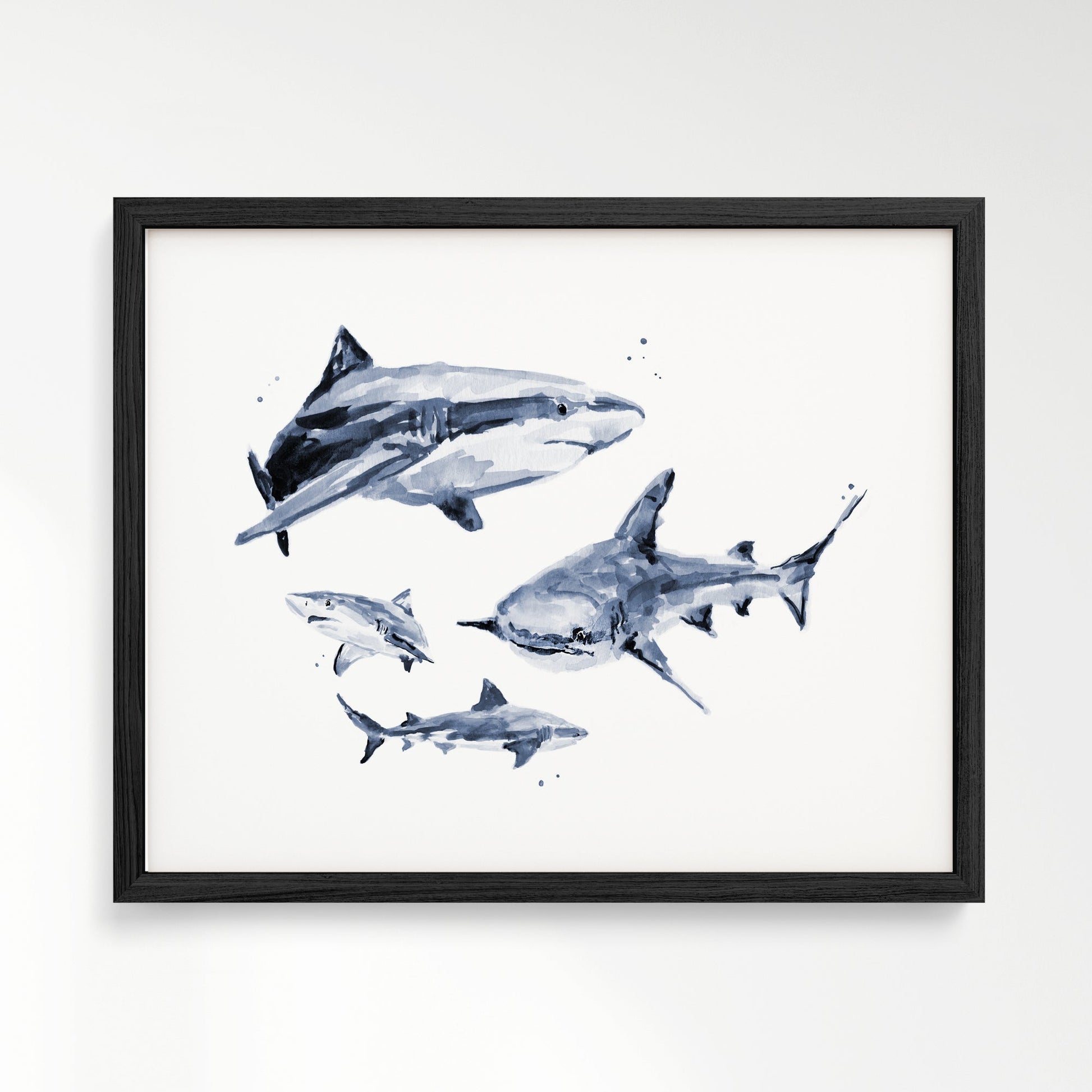 Shark Family of 4 Ocean Animal Watercolor Art Print - Art Prints - Moon Rock Prints