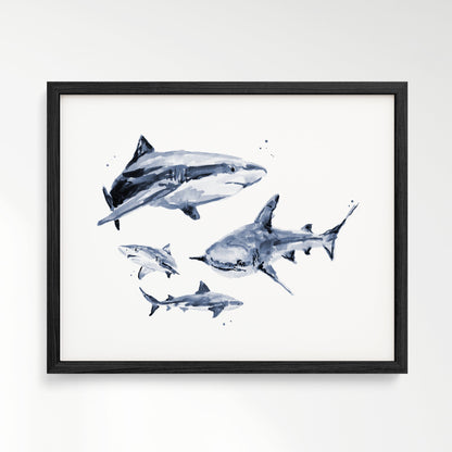 Shark Family of 4 Ocean Animal Watercolor Art Print - Art Prints - Moon Rock Prints