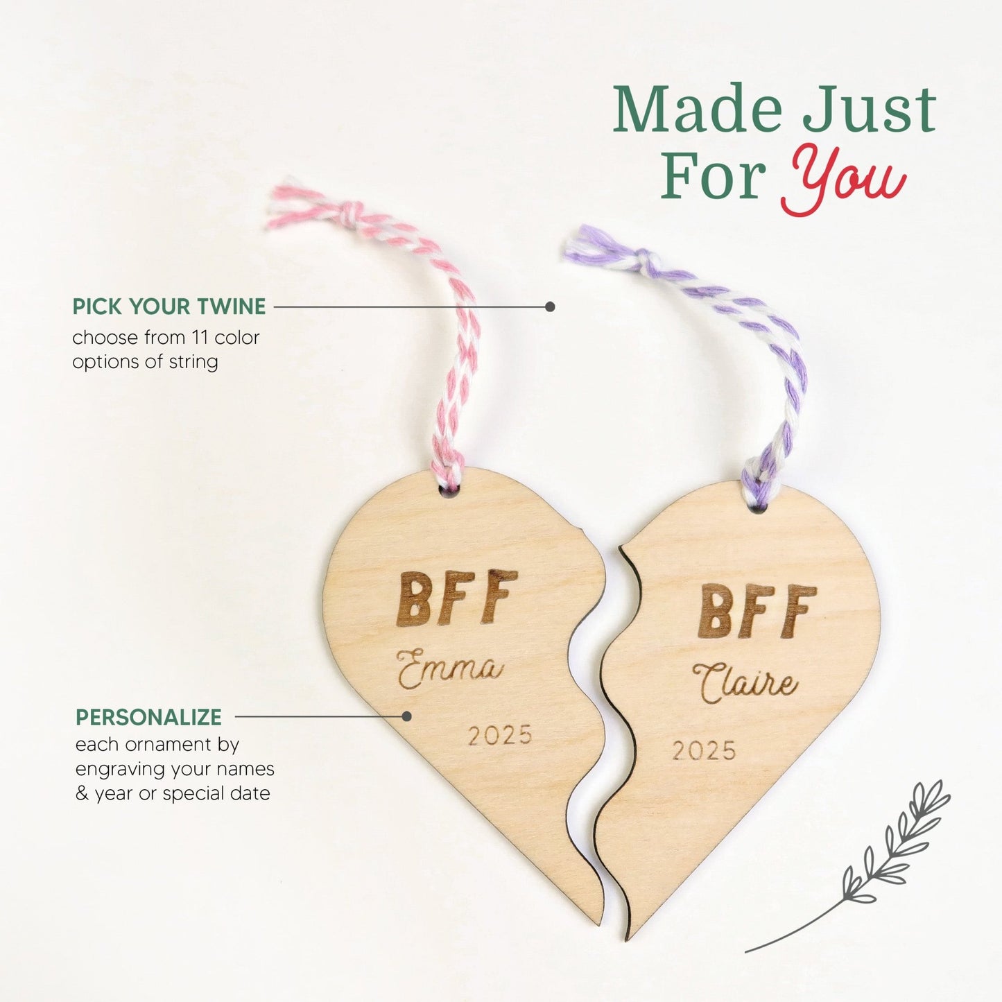 Split Heart BFF Friendship Ornaments Set - Holiday Ornaments - Moon Rock Prints