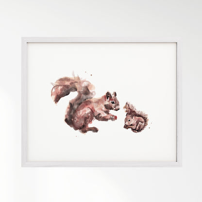 Squirrel and Baby Squirrel Woodland Animal Watercolor Art Print - Art Prints - Moon Rock Prints
