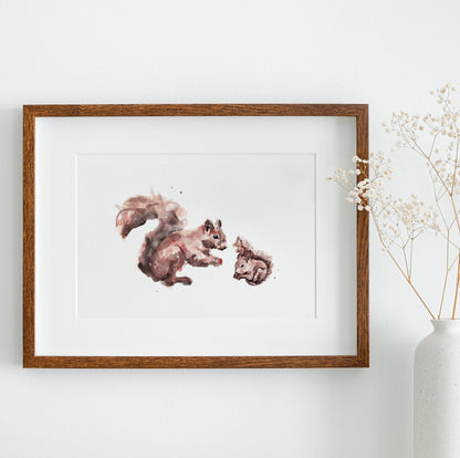 Squirrel and Baby Squirrel Woodland Animal Watercolor Art Print - Art Prints - Moon Rock Prints