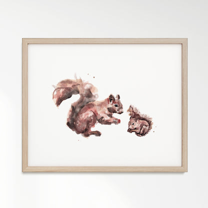 Squirrel and Baby Squirrel Woodland Animal Watercolor Art Print - Art Prints - Moon Rock Prints