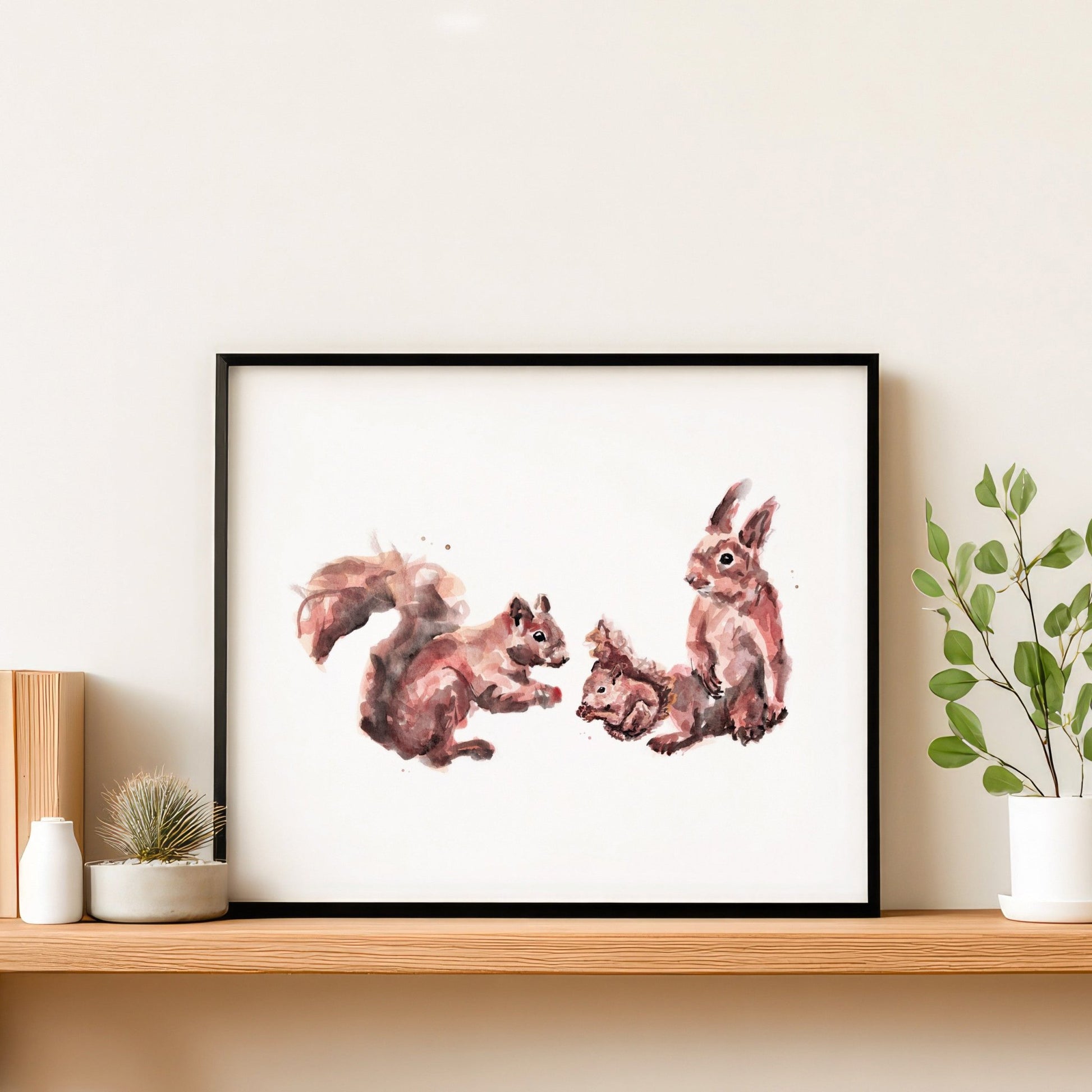 Squirrel Family of 3 Woodland Animal Watercolor Art Print - Art Prints - Moon Rock Prints