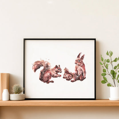 Squirrel Family of 3 Woodland Animal Watercolor Art Print - Art Prints - Moon Rock Prints