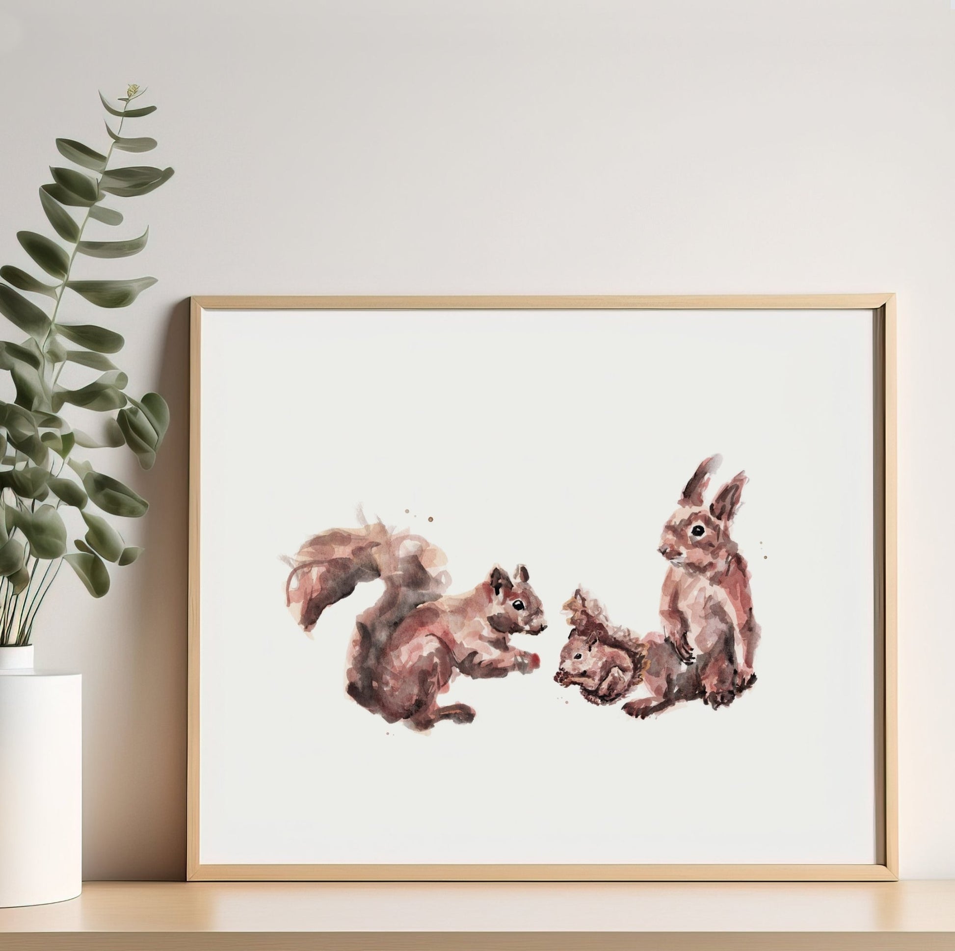 Squirrel Family of 3 Woodland Animal Watercolor Art Print - Art Prints - Moon Rock Prints