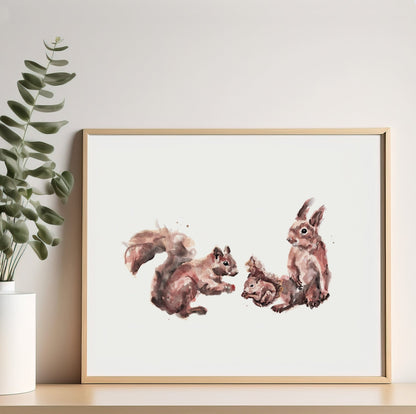 Squirrel Family of 3 Woodland Animal Watercolor Art Print - Art Prints - Moon Rock Prints