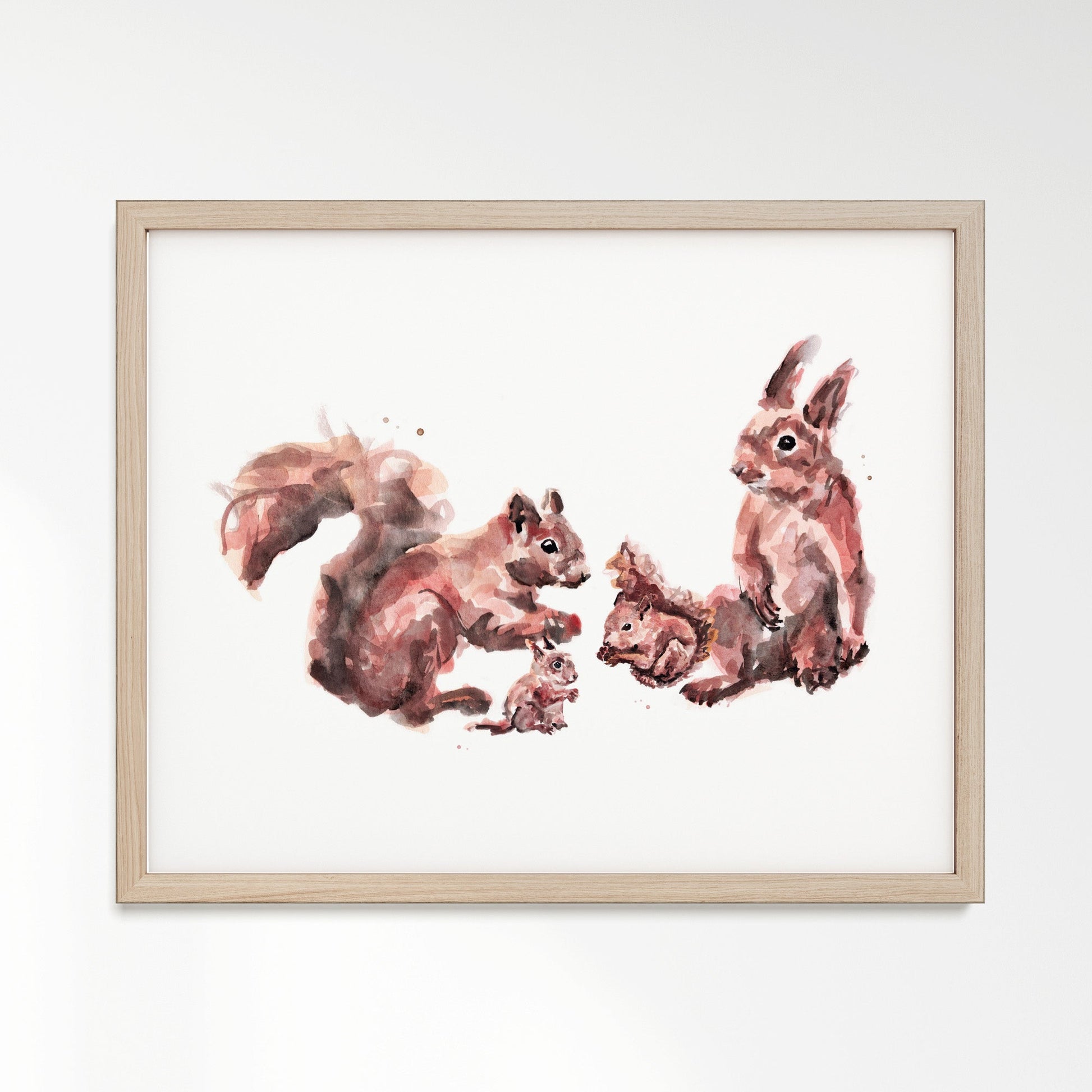 Squirrel Family of 4 Woodland Animal Watercolor Art Print - Art Prints - Moon Rock Prints