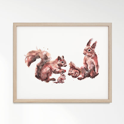 Squirrel Family of 4 Woodland Animal Watercolor Art Print - Art Prints - Moon Rock Prints