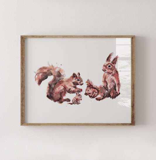 Squirrel Family of 4 Woodland Animal Watercolor Art Print - Art Prints - Moon Rock Prints