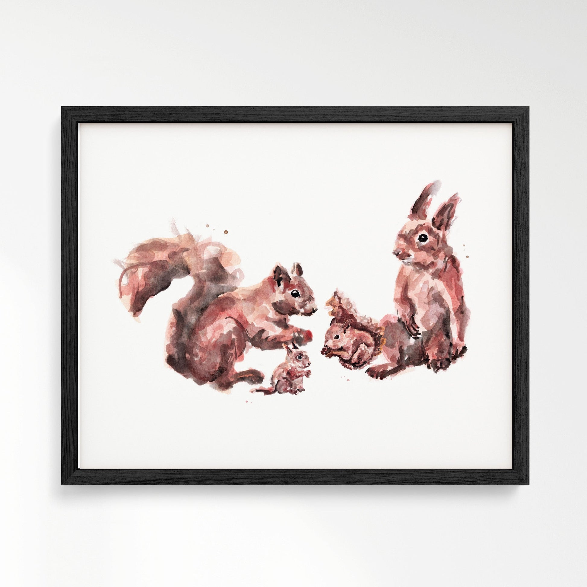 Squirrel Family of 4 Woodland Animal Watercolor Art Print - Art Prints - Moon Rock Prints