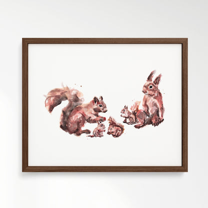 Squirrel Family of 5 Woodland Animal Watercolor Art Print - Art Prints - Moon Rock Prints