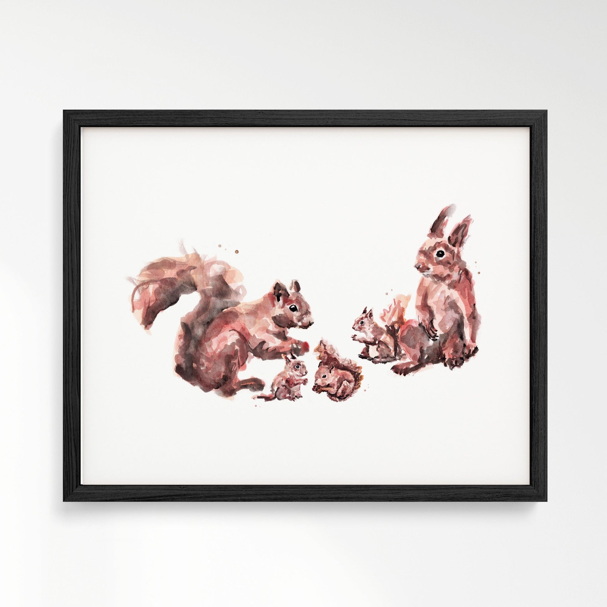 Squirrel Family of 5 Woodland Animal Watercolor Art Print - Art Prints - Moon Rock Prints
