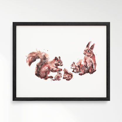 Squirrel Family of 5 Woodland Animal Watercolor Art Print - Art Prints - Moon Rock Prints