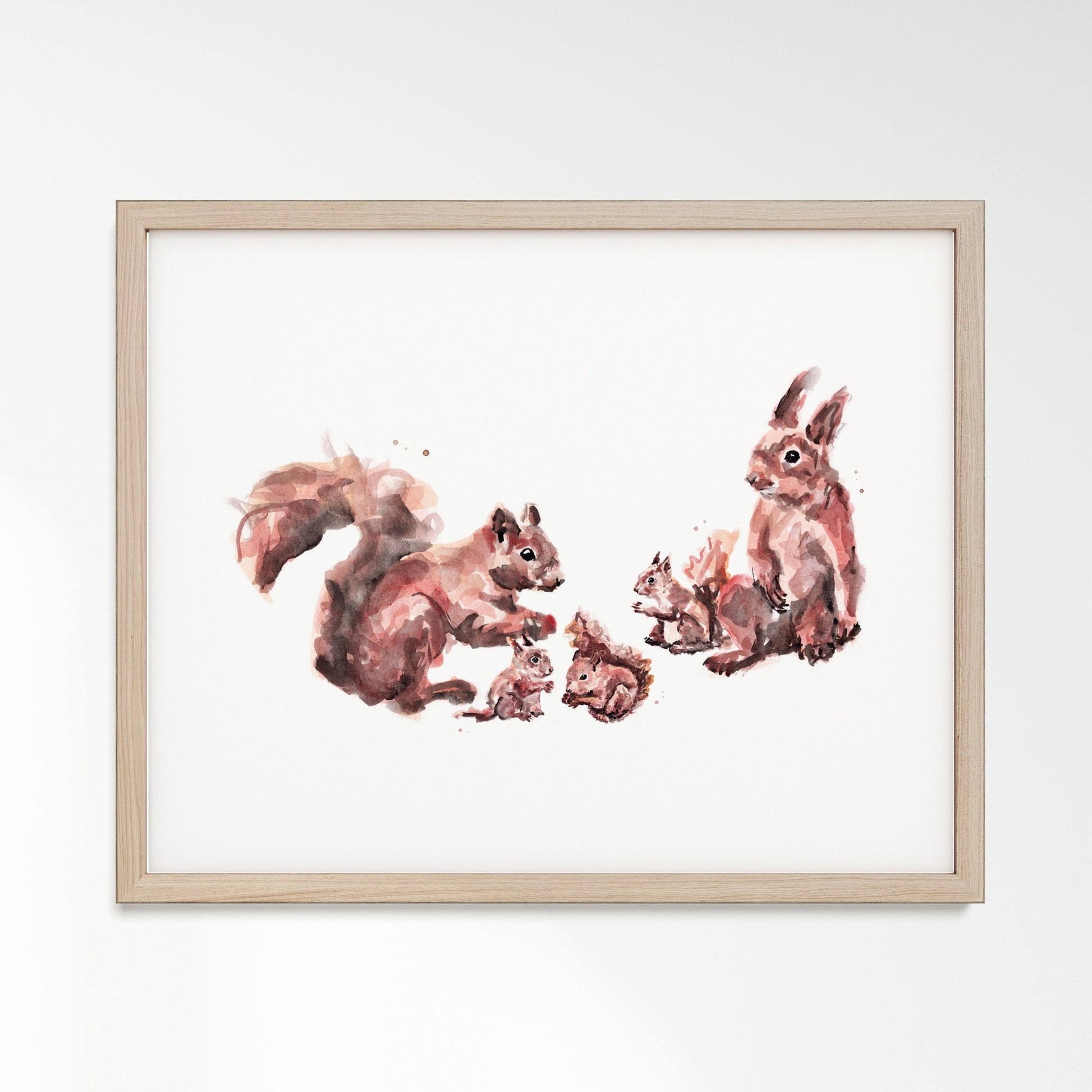 Squirrel Family of 5 Woodland Animal Watercolor Art Print - Art Prints - Moon Rock Prints