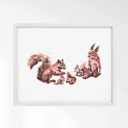 Squirrel Family of 5 Woodland Animal Watercolor Art Print - Art Prints - Moon Rock Prints
